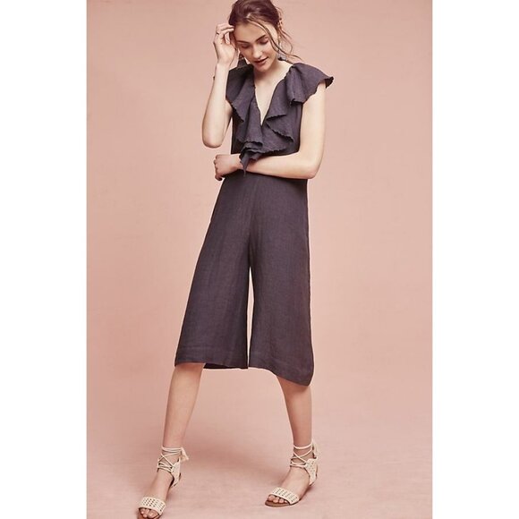 MARIA STANLEY Gray Linen Blend Cascada Cropped Ruffle Jumpsuit Size XS NWOT - Picture 1 of 5